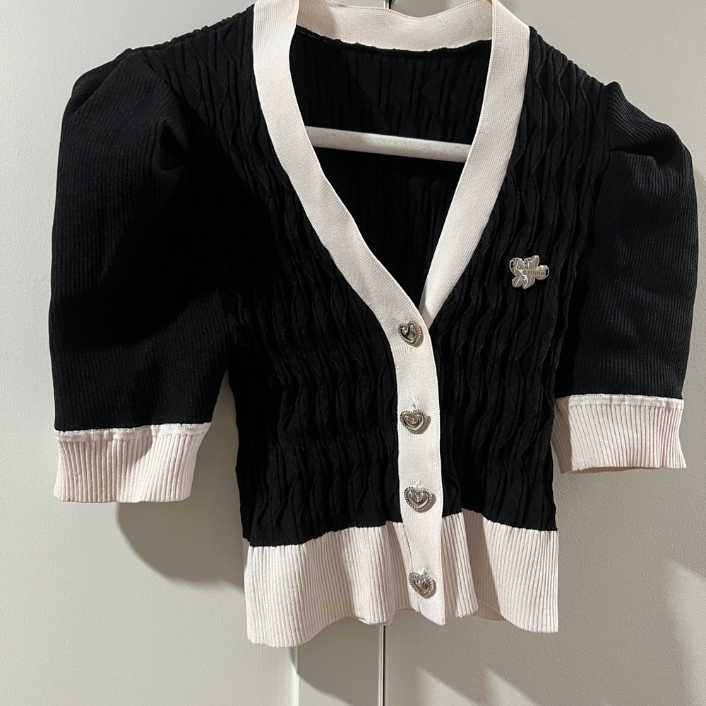 Black and White Cardigan with Heart Buttons